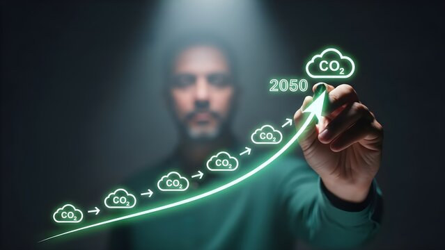 A man in a green shirt interacts with a virtual graph and CO2 cloud icons on a dark background with a spotlight. - Powered by Adobe