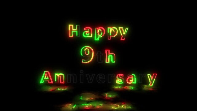 サイバーパンク風ネオンサイン、Happy 9th Anniversary、点滅演出、9周年記念、お祝い用動画