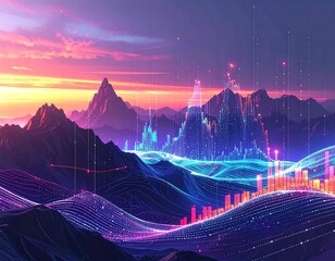 Digital mountain landscape with data visualization under vibrant sunset skies