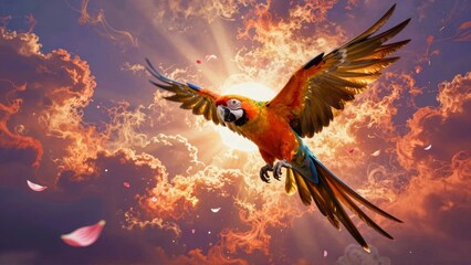 Macaw flying against sunset sky with petals