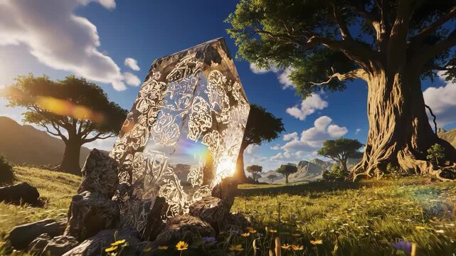 Mystical crystal monolith in a lush, sunlit fantasy meadow landscape