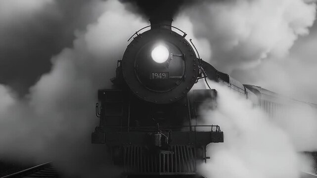 Steam locomotive emerges from thick smoke on a foggy railway in a nostalgic black and white setting
