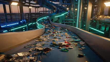 Recycling conveyor belt full of waste materials, illustrating the environmental challenges of waste management and the need for sustainable practices in industry