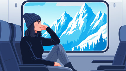 A young woman looks out the window of a train at a beautiful snowy mountain landscape, vector illustration