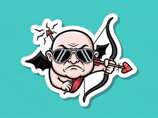 Evil cupid with dark sunglasses and demon wing, holding a bow and arrow, embodying rebellious love and sinister mischief