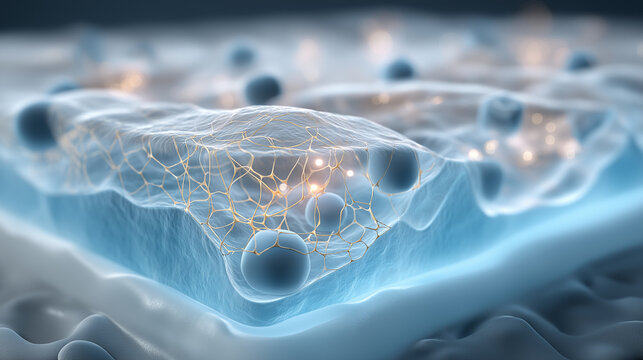 abstract cellular structure background, biotechnology molecular network illustration, skincare science micro layer concept
