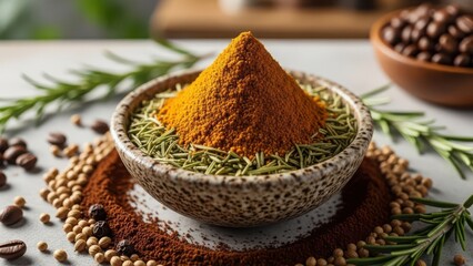A vibrant display of aromatic spices, herbs, and coffee beans for culinary excellence