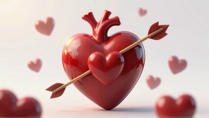 Red heart pierced by arrow with floating hearts