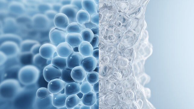 cellular hydration comparison background, molecular skin barrier structure illustration, biotechnology gel and network concept
