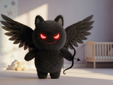 Dark fluffy evil cupid with ominous red eyes and large black wings stands menacingly in a softly lit room, holding a bow and arrow