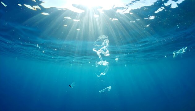 Contaminaci&oacute;n marina bajo el agua en blanco y negro con pl&aacute;stico flotando y rayos de luz