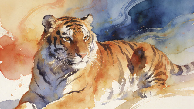 Majestic Bengal Tiger Watercolor Portrait with Powerful Blue and Orange Contrast ,Expressive Watercolor Painting of a Resting Tiger with Ethereal Smoke Background - Powered by Adobe