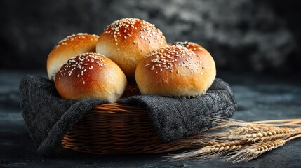 Freshly baked sesame seed bread rolls in a wicker basket with wheat stalks.