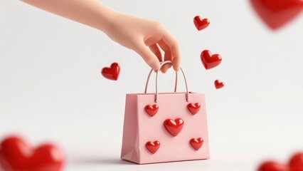 Hand holding pink shopping bag with red hearts
