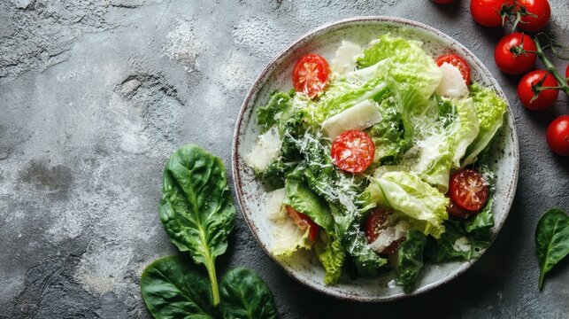 Fresh caesar salad with cherry tomatoes and parmesan on rustic plate.