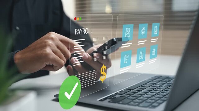 Payroll management system on digital Interface, financial technology, employee salary automation, online payroll software, and digital HR solutions.