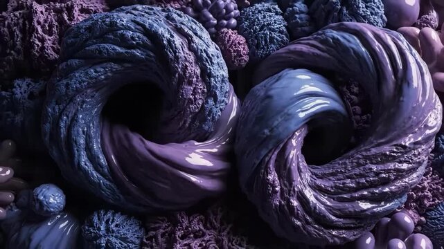 Abstract 3d rendering of intertwined purple and blue organic, textured shapes