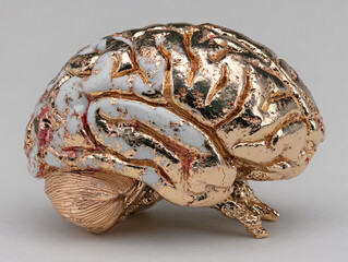 a metallic sculpture of a human brain. The sculpture is intricately detailed, capturing the folds and convolutions of the brain's surface, and it appears to be made of a shiny, reflective metal.