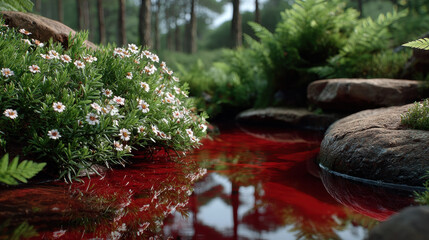 Astaxanthin and Haematococcus, A serene stream showcasing vibrant microscopic red algae, highlighting the beauty of nature's details in a captivating aquatic environment.