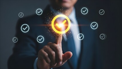 Close-up of a businessman's hand touching a glowing checkmark icon surrounded by smaller checkmarks in a dark background with a blurred suit.