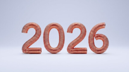 2026 year number made of copper coil spring with metallic texture on light background, creative concept for future, new year celebration or timeline