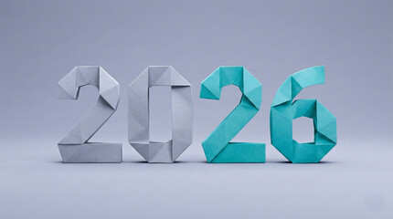 2026 year numbers made from folded paper in gray and teal colors on plain background, creative origami style design with clean and modern look