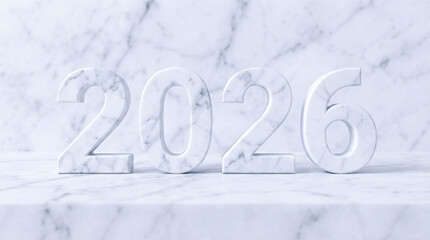 Marble numbers 2026 standing on marble surface with matching marble background, creating clean and elegant look for year 2026 concept