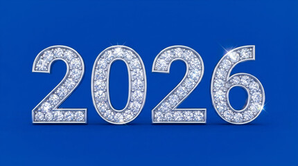 2026 year number sparkling with diamonds on blue background, luxury celebration concept with shiny gemstone digits