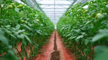 Greenhouse tomato plants growing in rows under glass roof.