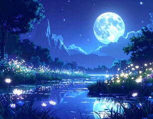 Enchanting nocturnal landscape featuring a luminescent moon and water