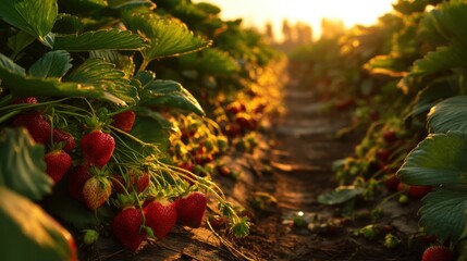 Sunlit strawberry fields at sunrise with ripe red fruit.