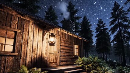 Cozy wooden log cabin under a starry night sky in a dense forest
