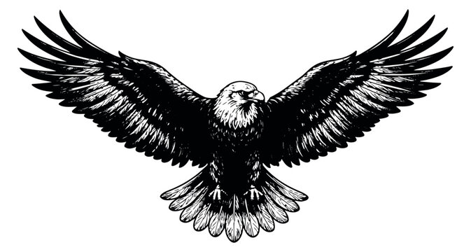 Hand drawn line art illustration of an eagle depicting powerful flight for a majestic design