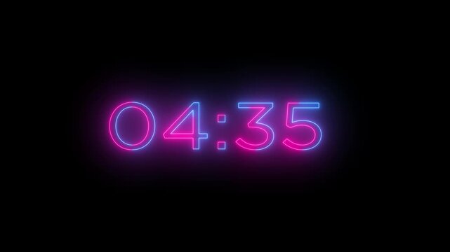 4K countdown animation, 5 minutes displays a timer counting down minutes and seconds black background.
