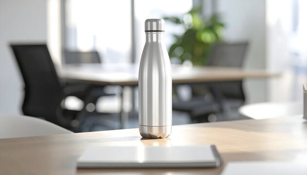 Botella reutilizable de acero inoxidable sobre escritorio moderno, oficina luminosa y estilo corporativo sostenible