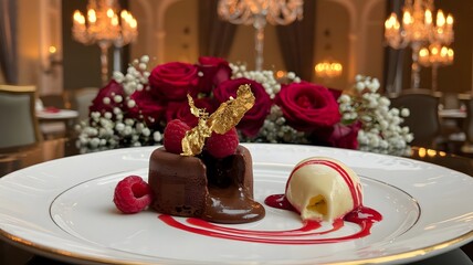 Naklejka premium Decadent chocolate lava cake with raspberries and ice cream in a luxurious setting