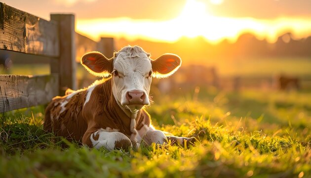 Ternero tumbado en la hierba con luz dorada del atardecer, escena rural c&aacute;lida y serena