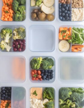 Recipientes reutilizables con comida saludable organizada, meal prep equilibrado y estilo de vida consciente