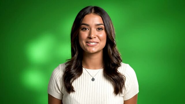 Cheerful young woman with brown hair smiles and speaks against green background, sharing moment with viewers