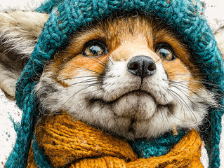 a fox wearing a turquoise knitted hat and a yellow scarf, with a white background.