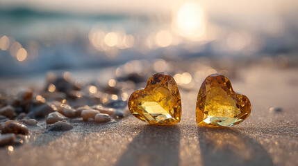 夕焼けの砂浜に置かれた2つのハートの石