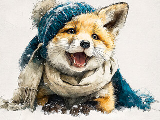 a fox wearing a turquoise knitted hat and a yellow scarf, with a white background.