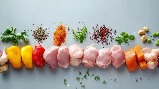Colorful raw ingredients arranged neatly for meal preparation on a gray surface with herbs and spices