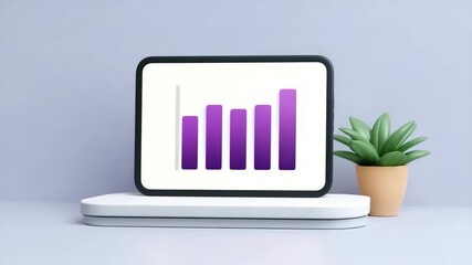 Modern digital tablet purple bar graph chart for business data analysis and growth technology concept clean minimalist office desk pastel background with green succulent plant decor and 3d - Powered by Adobe