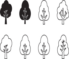 Simple black and white icons of stylized trees with visible branches vector illustration