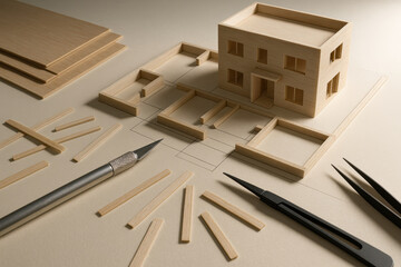 Architectural workspace with wooden house model, blueprint layout, and precision cutting tools on design table