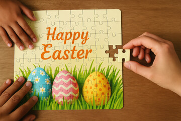 Children assembling colorful happy easter jigsaw puzzle with painted eggs on wooden table, completing festive holiday activity together