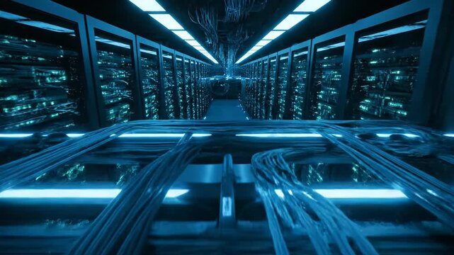 Vast digital data center server room with illuminated racks and numerous cables, representing technology and information storage - Powered by Adobe