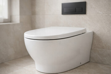 Modern wall mounted toilet in minimalist bathroom with beige ceramic tiles and concealed dual flush panel