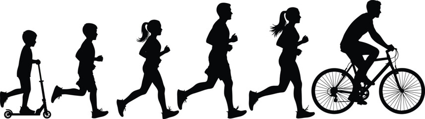 Obraz premium Set of black silhouettes showing people in motion including a child on a scooter runners and a cyclist for fitness